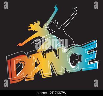 Disco, aerobics dance. Stylized expressive illustration of dancing girl silhouettes with inscription DANCE. Vector available. Stock Vector