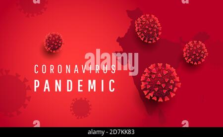 Coronavirus Covid-19 India map show where the coronavirus has spread. Coronavirus dangerous molecule on red background. Vector illustration. Stock Vector