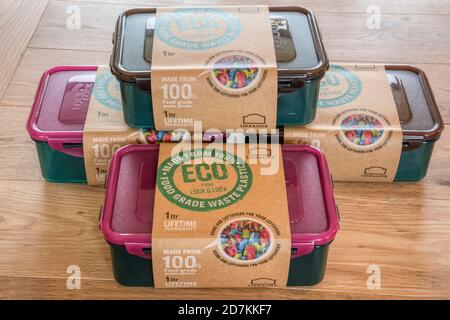 Lock & Lock Eco recycled plastic food containers, made from 100% food grade waste plastic. Stock Photo