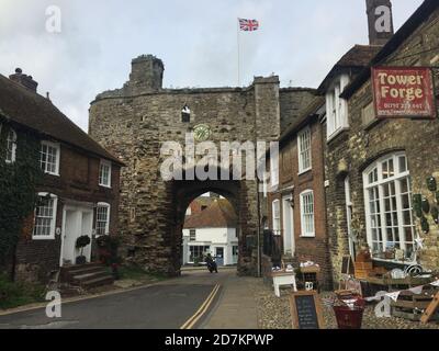 RYE, EAST SUSSEX, UK -  12th October 2020 : The Land gate entrance to Rye in East Sussex, Built in 1300's as part of cinque ports defense wall, UK Stock Photo