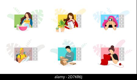 Bloggers making food knitting travel unpacking lifestyle and beauty video content on screen. Social media influencer vloggers channel set. Online education and fashion streaming tutorials and review Stock Vector