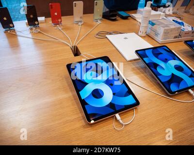 Paris, France - Oct 23, 2020: Latest Apple Computers ipad Air during launch day in Apple Store Stock Photo