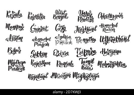 States of India. Handwritten stock lettering set ink typography. Stock Vector