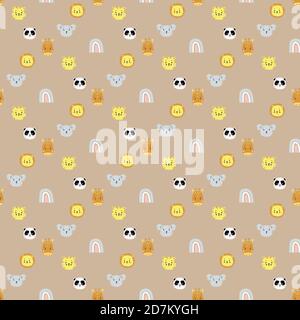 Seamless patterns. Childrens collection in the Scandinavian style. Cute animals - giraffe and panda, koala, lion and tiger and rainbow on a beige Stock Vector