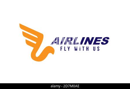 airline or plane logo icon design. Stylized bird with wing and feathers. Concept of flying or speed. Blue and orange color Stock Photo