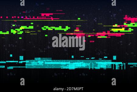 Glitch digital distortion template. Random color lines. Abstract color pixels on black backdrop. Error no signal. Video glitch concept. Vector Stock Vector