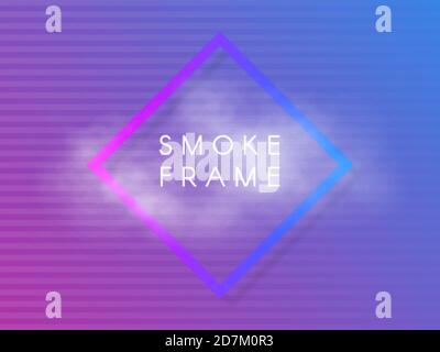 Neon smoke effect on retro background. Purple and blue rhombus with horizontal lines. Futuristic concept with glowing element and text. Vector Stock Vector
