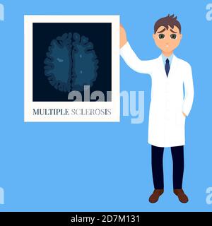 Multiple sclerosis (MS) awareness, conceptual illustration. Doctor holding an MRI scan of a brain affected by MS. Stock Photo