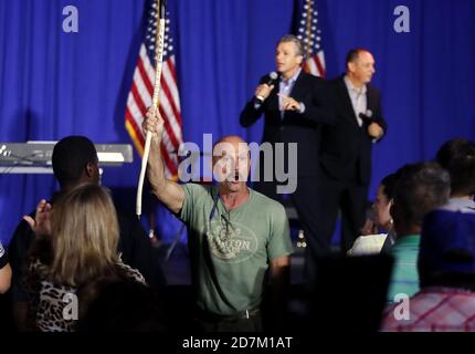 Raleigh, North Carolina, USA. 23rd Oct, 2020. MICHAEL MARSHALL of Lexington, KY yells about Evangelical pastor, JENTEZEN FRANKLIN during an Evangelicals for Trump: Praise, Prayer and Patriotism program with Eric Trump at the RFA Church in Raleigh, NC. Marshall was escorted out of the church without incident. Credit: Bob Karp/ZUMA Wire/Alamy Live News Stock Photo