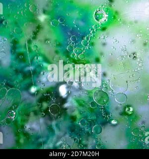 Abstract image of oil and water mixing over a blurred out background