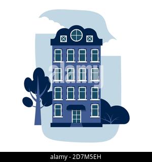 Cartoon colorful architecture Amsterdam. Exterior classic building facade flat style with tree, bush, clouds. Banner of composition with tall house, landscape closeup. Isolated vector illustration Stock Vector