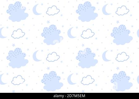 Kids cute blue doodle cloud seamless pattern. Pastel tileable background of hand drawn clouds with circle spots, moon. Great for fabric, paper print, wallpaper decor or baby book Vector illustration Stock Vector