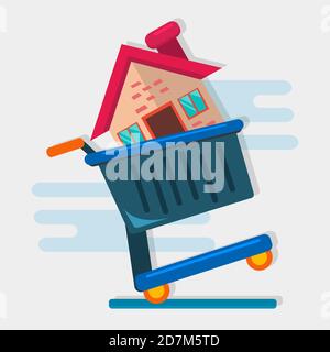 house on shopping cart for buy a property concept symbol vector illustration Stock Vector