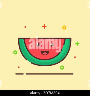 Water melon cute mascot face emotion happy fruit with color flat cartoon outline style Stock Vector