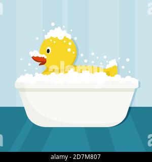 Giant yellow rubber duck taking a bubble bath. Bathroom interior. Vector flat illustration Stock Vector
