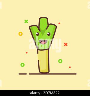 Leek cute mascot face emotion happy vegetable with color flat cartoon outline style Stock Vector