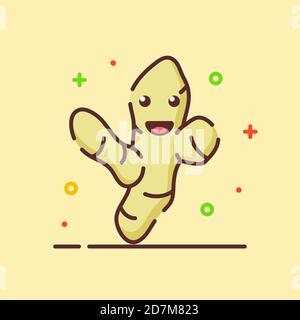Ginger cute mascot face emotion happy fruit with color flat cartoon outline style Stock Vector
