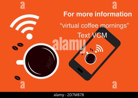 Virtual coffee morning vector sign, can be used for a poster or social media post with editable text. Stock Vector