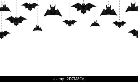 Horizontal greeting card with hanging origami bats. Festive 3d garland. Halloween invitation card. Vector template for banners, cards and your design. Stock Vector