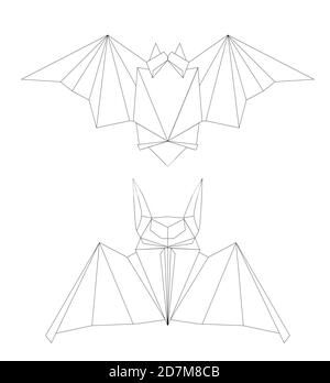 Set of outline origami bats. 3D object separately from the background. Craft Zoo. Halloween holiday. Vector line art element for cards, invitations, c Stock Vector
