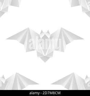 Seamless texture with white paper bats in a row. Halloween holiday. Animal origami. Paper zoo. Vector light pattern for fabrics, backgrounds and your Stock Vector