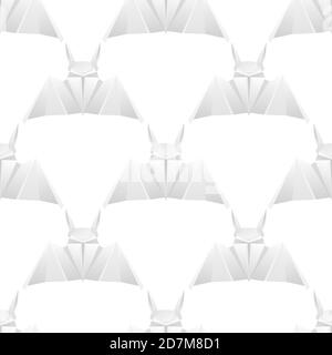 Seamless texture with white paper bats in a row. Halloween holiday. Animal origami. Paper zoo. Vector light pattern for fabrics, backgrounds and your Stock Vector