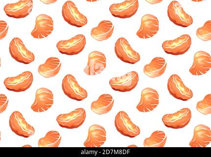 Seamless texture with cartoon orange slice of tangerines on white background. Vector food pattern for fabrics, backgrounds and your design. Stock Vector