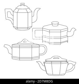 Set of contour Chinese clay teapots for tea. Linear drawing of a kettles. Tea ceremony. Objects isolated from the background. Vector element for menus Stock Vector