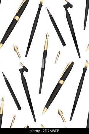 Seamless pattern with realistic 3D pens, pencils and feathers for writing. Stationery on white background. Vector texture for wallpapers, backgrounds Stock Vector