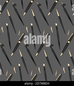 Seamless pattern with realistic 3D pens, pencils and feathers for writing. Stationery on a gray background. Vector texture for wallpapers, backgrounds Stock Vector