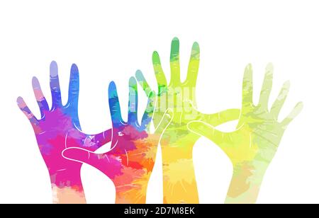 Human rights. Hands up with rainbow watercolor stains. Volunteers and the community. Union and friendship of different people. Vector illustration for Stock Vector
