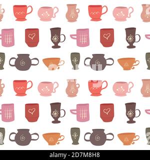 Seamless flat texture with cups, mugs and mystical drawing. Vector doodle pattern for wallpapers, backgrounds, recipes and your creativity. Stock Vector