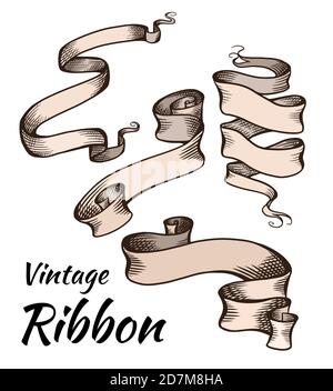 Set of vintage color ribbons with a hatching. Parchment scrolls. The object is separate from the background. Vector template for articles, banners, ca Stock Vector