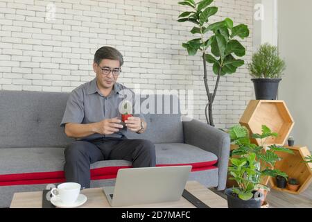 An Asian middle-aged man holding a cactus pot sitting on a sofa watching a video call with a laptop. Stock Photo