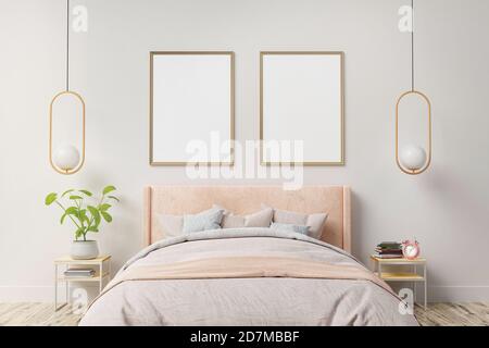 Interior poster mock up with two vertical frames on the wall in home bedroom interior. 3D rendering.