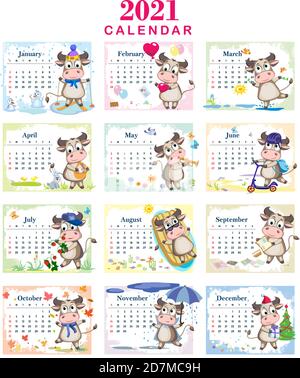 Children's calendar for 2021 - year of bull. Funny cute bulls are having fun and relaxing. Cartoon vector template for calendar or planner. Stock Vector