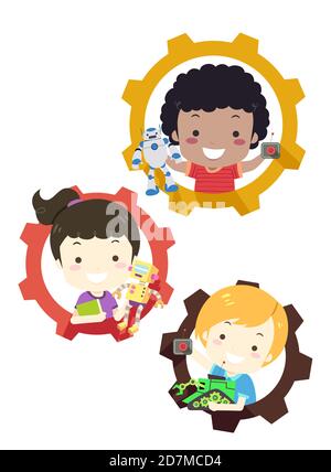 Illustration of Kids Holding their Robots from Inside Cog Wheel Stock Photo