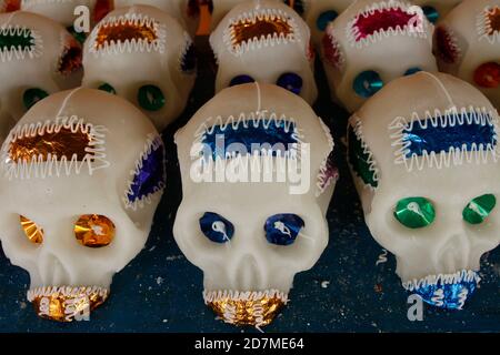 MEXICO CITY, MEXICO - OCTOBER 22: Sugar Skull seen during the making of the traditional Sugar Skull (Calaverita de Azucar); The inhabitants of the town of Xochimilco are dedicated to the production of sugar skulls handmade to decorate the offerings, this procedure is carried out every year following the traditions of the day of the dead (Dia de Muertos). Credit: The Photo Access/Alamy Live News Stock Photo