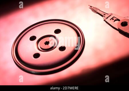 Hard Disc Drive view from the inside with reflections. Stock Photo