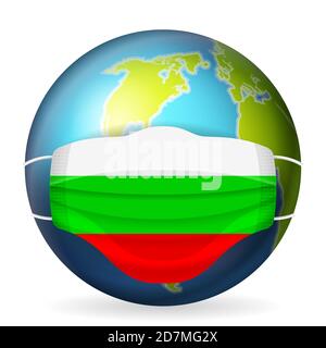 World globe with medical mask Bulgaria flag on a white background. Vector illustration. Stock Photo