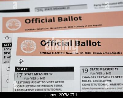 Los Angeles, CA / USA - Oct. 23, 2020: Multiple pages of an official mail-in paper ballot for the 2020 presidential election are shown up close.