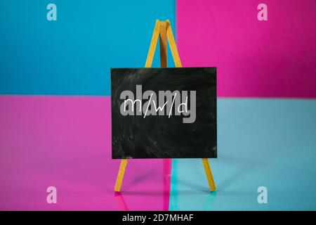 male, female, divers, no matter, the main thing is healthy, chalkboard on pink and blue background Stock Photo