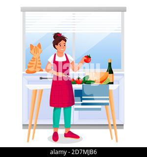 Happy woman cooking vegetable salad in kitchen. Young girl with red cat makes healthy dietic lunch or dinner. Vector illustration. Home meal recipes, Stock Vector