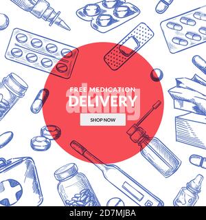 Medicine and pharmacy abstract background. Drugstore poster or banner design template with pills, drugs, medical bottles. Vector hand drawn sketch ill Stock Vector