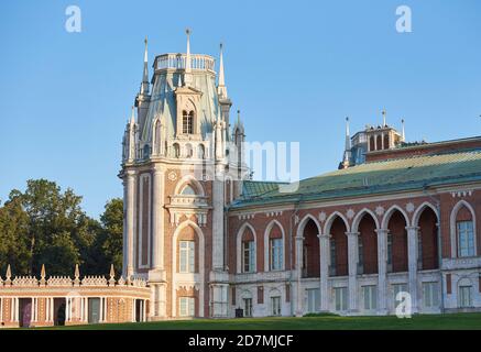 MOSCOW, RUSSIA - AUGUST 31, 2017: Tower with peaks of Tsaritsyno estate, architecture of the 18th century Stock Photo