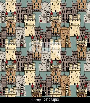 Vector ancient castles seamless pattern abstract landscape Stock Vector