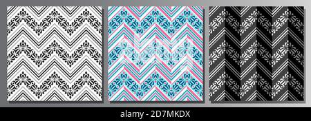 Vector set of Seamless Patterns, 3 filigree repeating backgrounds various colors, black and white ornate zig zag seamless pattern, blue and pink india Stock Vector