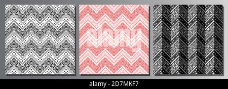 Vector set of Seamless Patterns, 3 square repeating backgrounds of dark variety colors, black and white ornate zig zag seamless pattern, pale pink orn Stock Vector