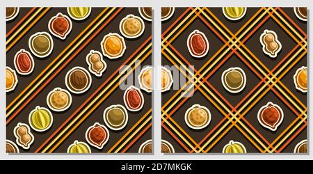 Vector Fruit Seamless Patterns, 2 square repeating fruit backgrounds, set of isolated illustrations of summer fruits on dark background, compatible se Stock Vector