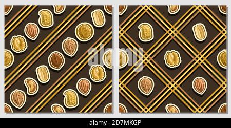 Vector Nut Seamless Patterns, 2 square repeating nut backgrounds, set of isolated illustrations of flat lay exotic nuts on dark background, compatible Stock Vector